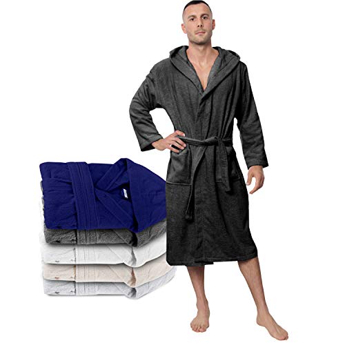 Twinzen Bata Hombre, Albornoz de baño (XL, Gris Oscuro) - Oeko Tex, No Producto Químico - Albornoz de Algodón con Capucha, 2 Bolsillos, Cinturón para Hombre - Bata Baño Suave, Absorbente y Cómoda