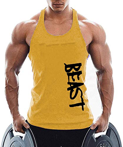TX Apparel Camiseta de tirantes para hombre Beast Gym Stringer de algodón amarillo L