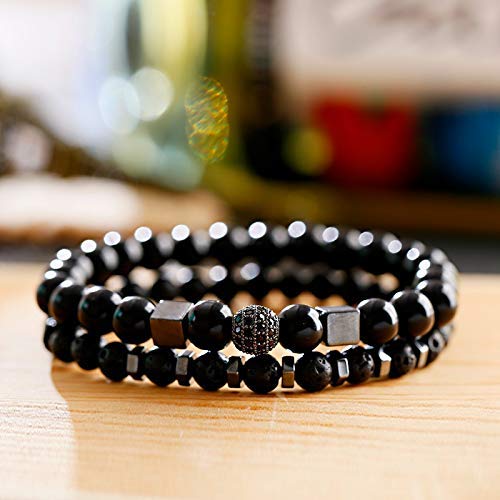 TYT Pulsera con Dijes Trendy Classic Men 's Tibetan Black Lava Beads Pulsera Hombre Negro Micro Pave Cz Ball Bracelet Set Jewelry Gift,Estilo 2