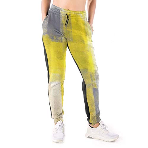 TYUO - Pantalones de chándal para mujer, color gris y amarillo, diseño abstracto