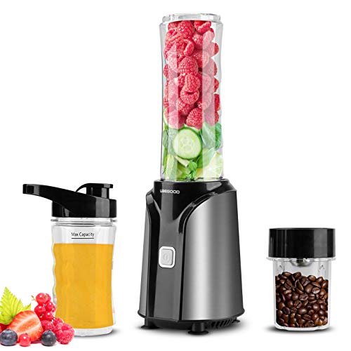 UBEGOOD Batidora de Vaso, 400W Licuadora Smoothies Licuadora Pequeña Acero Inoxidable con 600ml, 300ml Botellas Portátiles y 200ml Taza de Molienda para Fresado Café, Frutas, Batidos, Vegetales