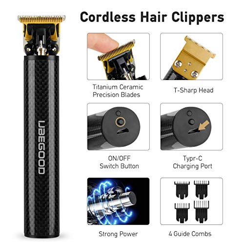 UBEGOOD Profesional Cortapelos, Cortapelos para hombres USB Carga Rápida Barbero Electrico Máquina de Cortar Pelo Recortadora Barba Kits con 4 Peines Guía Cortador de Pelo en T-Blade para Hombres