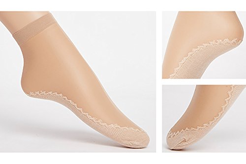 Ueither 12 pares de mujeres sedoso antideslizante de algodón único escarpado tobillo alta medias calcetería calcetines Dedo del pie reforzado (6 Pares Negro 6 Pares Beige)