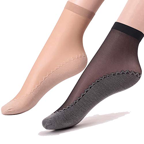 Ueither 12 pares de mujeres sedoso antideslizante de algodón único escarpado tobillo alta medias calcetería calcetines Dedo del pie reforzado (6 Pares Negro 6 Pares Beige)