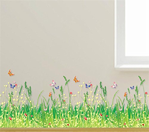 ufengke Pegatinas de Pared Prado de Hierba Verde con Flores Rojas y Mariposas Calcomanías de Pared de Vinilo de DIY Extraíble Mural Decorativo Multicolor para Sala de Estar, Dormitorio, Zócalo