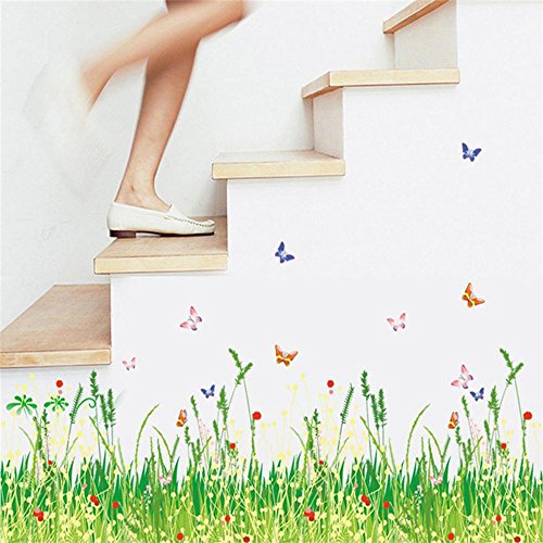 ufengke Pegatinas de Pared Prado de Hierba Verde con Flores Rojas y Mariposas Calcomanías de Pared de Vinilo de DIY Extraíble Mural Decorativo Multicolor para Sala de Estar, Dormitorio, Zócalo