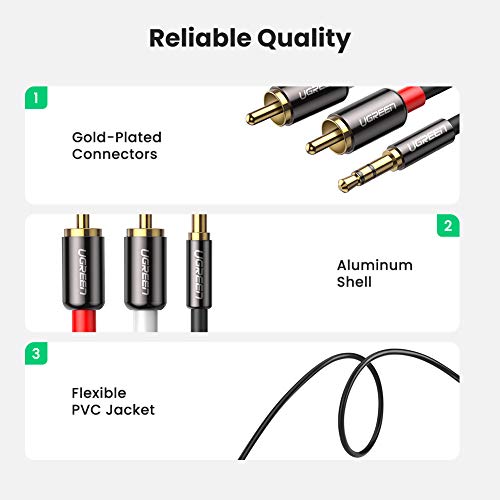 UGREEN Cable Audio Estéreo Jack 3,5mm a 2RCA, Cable Minijack 3,5mm a 2 RCA Macho a Macho con Conector Metálico para Móvil iPhone iPod Smart TV Reproductor MP3 Tablet PC Amplificador Altavoz, 5Metros