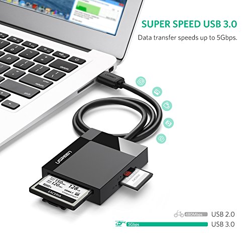 UGREEN USB 3.0 Lector de Tarjetas Lector SD Compact Flash Card Rearder Múltiple 4 en 1 Velocidad hasta 5 Gbps para Tarjetas de Memoria SD/ Micro SD/ TF/ SDXC/ SDHC/ MMC/ CFI/Ultra II CF/Extreme CF/MS