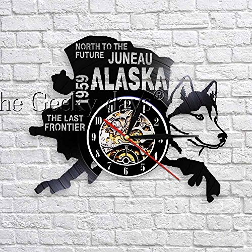 UIOLK Alaska Dog Wall Art Deco American National City Alaska Vintage Disco de Vinilo Reloj de Pared Diseño Reloj de Cocina Decoración del hogar