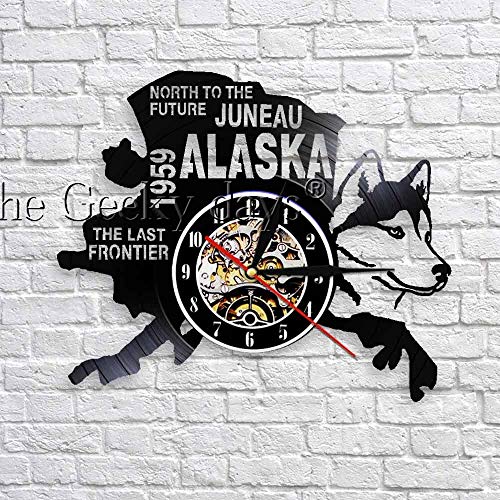UIOLK Alaska Dog Wall Art Deco American National City Alaska Vintage Disco de Vinilo Reloj de Pared Diseño Reloj de Cocina Decoración del hogar UIOLK Alaska Dog Wall Art Deco American National City Alaska Vintage Disco de Vinilo Reloj de Pared Diseño Reloj de Cocina Decoración del hogar