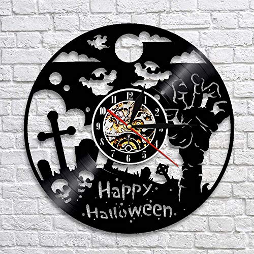 UIOLK Feliz Halloween Decoración Reloj de Pared Negro Decoración de Terror Disco de Vinilo Arte de la Pared Reloj de Pared silencioso