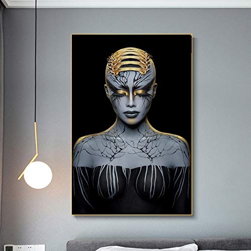 UIOLK Impresiones en Lienzo Negro Oro Moda Mujer cráneo Lienzo con Tatuajes extraños Maquillaje Carteles e Impresiones en la Pared Art Deco Dormitorio Oficina en casa