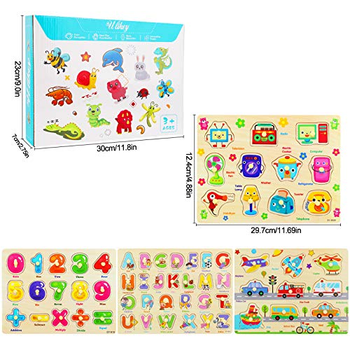 Ulikey 4 Piezas Puzzle de Madera Letras Número Vehículo Mueble, Rompecabezas Madera Aprendizaje Temprano Juego Educativo Juguetes Educativos Montessori Juego de Regalo para Niños Niñas (Letras Número)