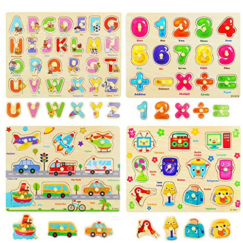 Ulikey 4 Piezas Puzzle de Madera Letras Número Vehículo Mueble, Rompecabezas Madera Aprendizaje Temprano Juego Educativo Juguetes Educativos Montessori Juego de Regalo para Niños Niñas (Letras Número)