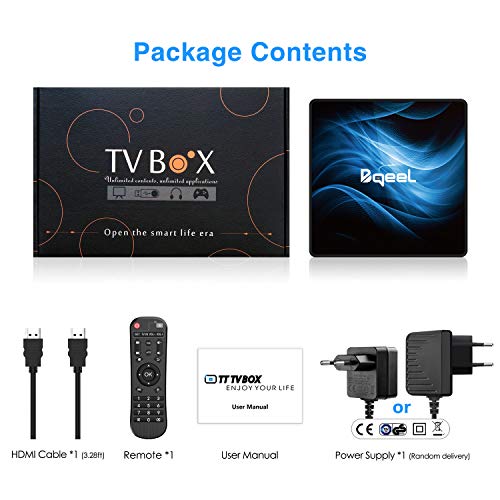 Última Versión Android TV Box 【4GB RAM+64GB ROM】 Bqeel Android 10.0 TV Box RK3318 Quad-Core 64bit Cortex-A53 con 5GHz / 2.4GHz WiFi ,BT 4.0,2k*4K UHD H.265, USB 3.0 Smart TV Box