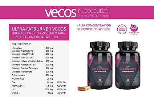 Ultra Fat Burner Vecos con Probióticos para disminuir las calorías – Quema grasas y termogénico para complementar con una dieta saludable – 100 cápsulas vegetales - 100% apto para veganos Ultra Fat Burner Vecos con Probióticos para disminuir las calorías – Quema grasas y termogénico para complementar con una dieta saludable – 100 cápsulas vegetales - 100% apto para veganos