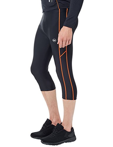 Ultrasport Pantalones de correr para hombre – pantalones de fitness 3/4 para hombre, con efecto de compresión y función de secado rápido, para fútbol, correr, marcha nórdica, ciclismo y otros deportes, Negro/Naranja neón, S