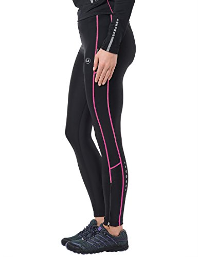 Ultrasport Pantalones largos de correr para mujer, con efecto de compresión y función de secado rápido, Negro/Rosa Neón, XS