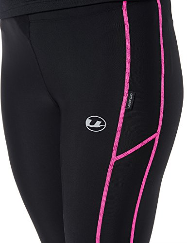 Ultrasport Pantalones largos de correr para mujer, con efecto de compresión y función de secado rápido, Negro/Rosa Neón, XS