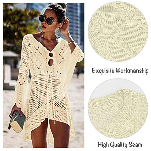 UMIPUBO Vestido de Playa Mujer Suelto Pareos Playa V-Cuello Camisolas y Pareos Ganchillo Vendaje Bikini Traje de Baño Cover up Tunica Talla Grande