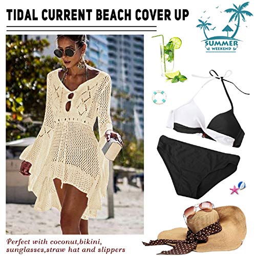 UMIPUBO Vestido de Playa Mujer Suelto Pareos Playa V-Cuello Camisolas y Pareos Ganchillo Vendaje Bikini Traje de Baño Cover up Tunica Talla Grande