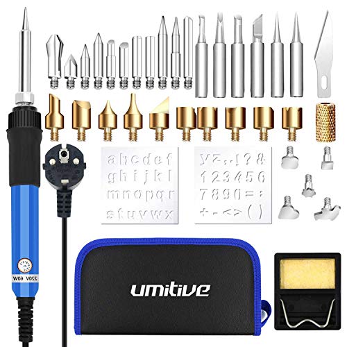 Umitive 37 in 1 Kit Pirograbador de Madera,60W,Temperatura Regulable(250-400℃), 33 Puntas y Accesorios,Soldador Pirografo Electrico Profesional Herramientas Para Manualidades Madera,Cuero,Grabado