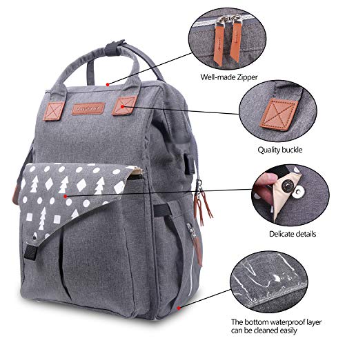 Umitive Mochilas de Pañales para Bebé, Maternal Bolso Multifuncional con USB de Viaje, Gran Capacidad, Impermeable, Enviar 2 Correas de Cochecito y 1 Cambiador y 1 Bolsa Aislante, Gris (grey)