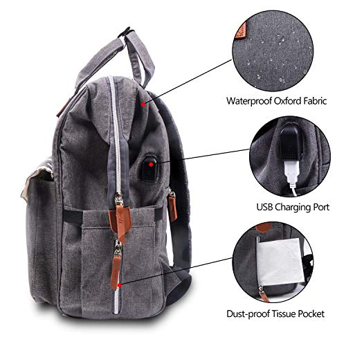 Umitive Mochilas de Pañales para Bebé, Maternal Bolso Multifuncional con USB de Viaje, Gran Capacidad, Impermeable, Enviar 2 Correas de Cochecito y 1 Cambiador y 1 Bolsa Aislante, Gris (grey)