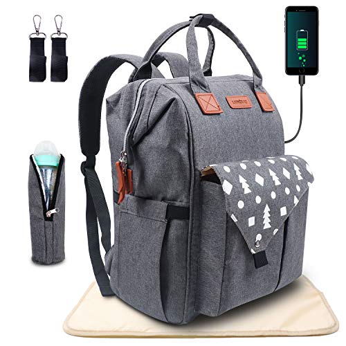 Umitive Mochilas de Pañales para Bebé, Maternal Bolso Multifuncional con USB de Viaje, Gran Capacidad, Impermeable, Enviar 2 Correas de Cochecito y 1 Cambiador y 1 Bolsa Aislante, Gris (grey)