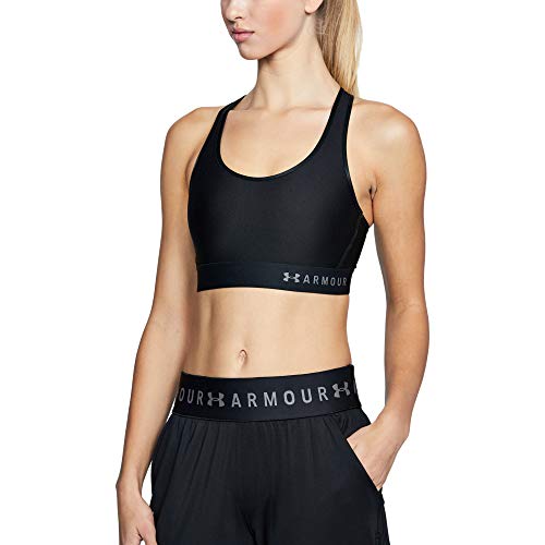 Under Armour Mid Keyhole Sujetador para Mujer Deportivo, Ropa de Mujer Deportiva de compresión, cómodo Sujetador de sujeción de Secado rápido, Black/Black/Metallic Silver (001), LG