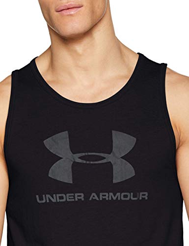 Under Armour Sportstyle Camiseta sin mangas con logotipo, ropa deportiva para hombres hecha de tejido ultrasuave, ancha camiseta de tirantes, Black/Black/Black (001), LG