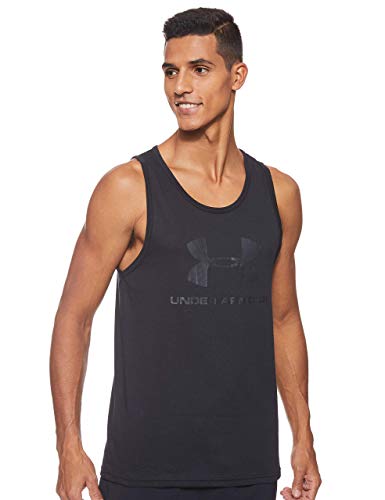 Under Armour Sportstyle Camiseta sin mangas con logotipo, ropa deportiva para hombres hecha de tejido ultrasuave, ancha camiseta de tirantes, Black/Black/Black (001), LG