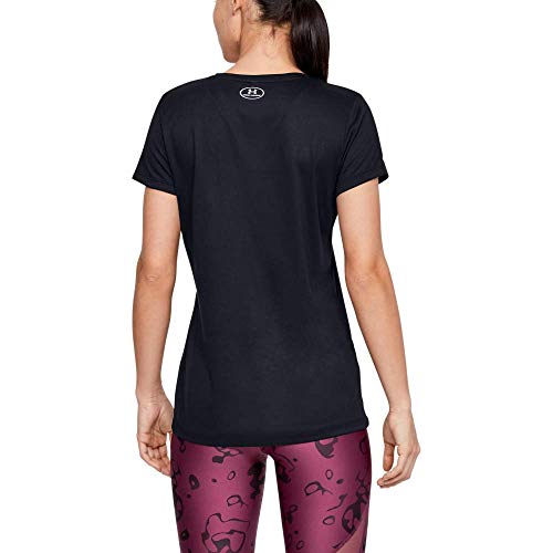 Under Armour Tech Short Sleeve V-Solid Camiseta, Mujer, (Black/Metallic Silver (002), M