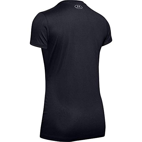 Under Armour Tech Short Sleeve V-Solid Camiseta, Mujer, (Black/Metallic Silver (002), M