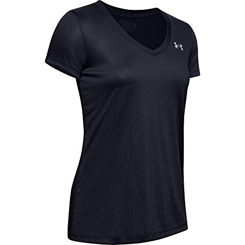 Under Armour Tech Short Sleeve V-Solid Camiseta, Mujer, (Black/Metallic Silver (002), M