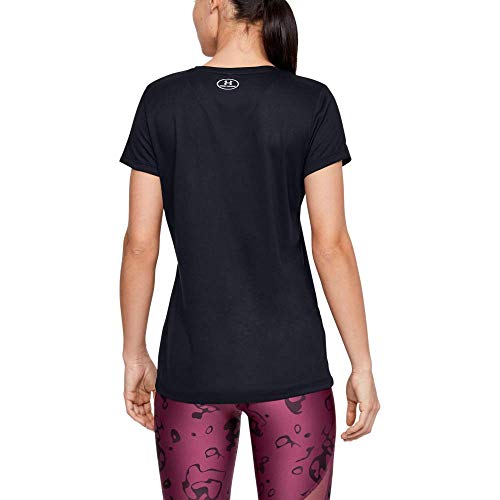 Under Armour Tech Short Sleeve V-Solid Camiseta, Mujer, (Black/Metallic Silver (002), S
