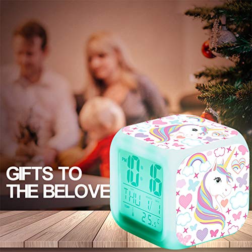 Unicornio Relojes de alarma digitales para niñas, LED de noche que brilla intensamente Reloj LCD con luz para niños Despertar Reloj de cabecera Regalos de cumpleaños para niños Mujeres Dormitorio (7)