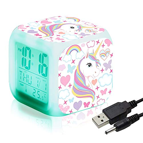 Unicornio Relojes de alarma digitales para niñas, LED de noche que brilla intensamente Reloj LCD con luz para niños Despertar Reloj de cabecera Regalos de cumpleaños para niños Mujeres Dormitorio (7)