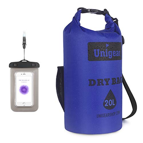 Unigear Bolsa Estanca Ligero Bolsa Impermeable Playa 2L/5L/10L/20L + Funda De Movíl Bolsa Seca Estanca 210T Tela Ligero Resistente PVC Mochila Acuáticos para Playa Rafting Kayak Camping Esquí Pesca