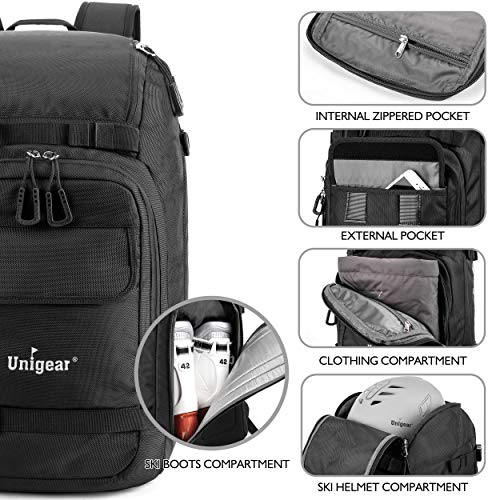 Unigear Bolsa para Botas de Esquí Mochila con Compartimientos de Botas Ropa Casco y Correa para Tabla de Snowboard Gran Capacidad de 55L de Hombre y Mujer Unisex (Negro)