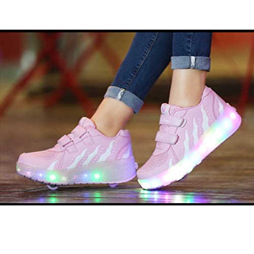 Unisex Niños Patines De Ruedas LED Zapatos Con Ruedas Iluminados Zapatillas De Patinaje En Línea Luminosas Zapatillas De Gimnasia Al Aire Libre Patineta Técnica Para Niños Niñas,Rosado,32