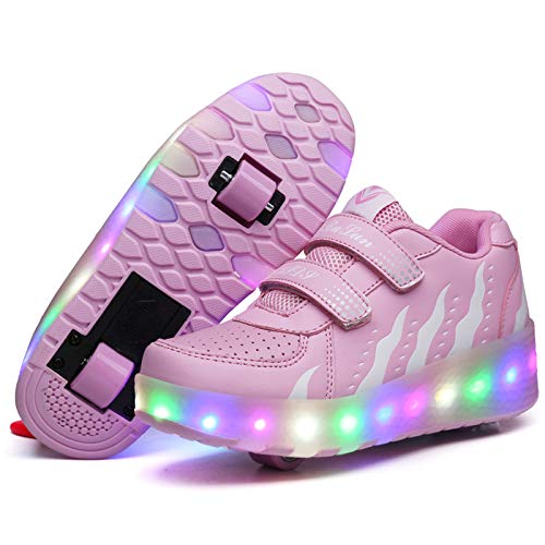 Unisex Niños Patines De Ruedas LED Zapatos Con Ruedas Iluminados Zapatillas De Patinaje En Línea Luminosas Zapatillas De Gimnasia Al Aire Libre Patineta Técnica Para Niños Niñas,Rosado,32