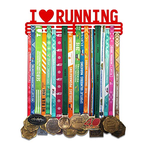United Medals Soporte para medallas con texto en inglés "I Love Running Sports | Soporte de acero recubierto de polvo rojo vivo (3 barras para colgar hasta 48 medallas) | Marco de montaje en pared
