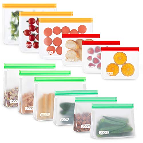 UOON Bolsas Reutilizables para Almacenamiento de Alimentos, 12Pcs Bolsas Congelar de 4 Tamaños para Bocadillos, Sándwich, Verduras, Frutas, A Prueba de Fugas, Sin BPA, Verde/Cian/Naranja/Rojo UOON Bolsas Reutilizables para Almacenamiento de Alimentos, 12Pcs Bolsas Congelar de 4 Tamaños para Bocadillos, Sándwich, Verduras, Frutas, A Prueba de Fugas, Sin BPA, Verde/Cian/Naranja/Rojo