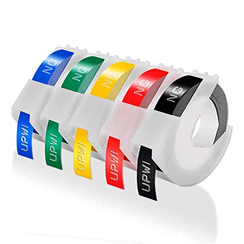Upwinning Cintas de repujado compatibles con Dymo Omega & Junior Embosser 9 mm x 3 m de vinilo 3D autoadhesivas, color blanco sobre negro, azul, rojo, amarillo y verde, paquete de 5 Upwinning Cintas de repujado compatibles con Dymo Omega & Junior Embosser 9 mm x 3 m de vinilo 3D autoadhesivas, color blanco sobre negro, azul, rojo, amarillo y verde, paquete de 5