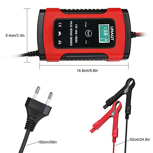 URAQT Cargador de Batería, 6A 12V Mantenimiento Automático e Inteligente con Múltiples Protecciones para Automóviles, Motocicletas, ATVs, RVs, Powersports, Barco