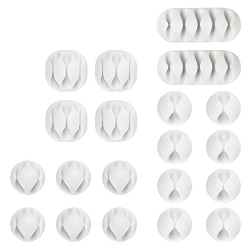 URAQT Clips de Cable, 20 Piezas Organizador de Cable Duraderos, con Autoadhesivo Fuerte para TV PC Laptop Cargador o Ratón Hogar Oficina, Blanco