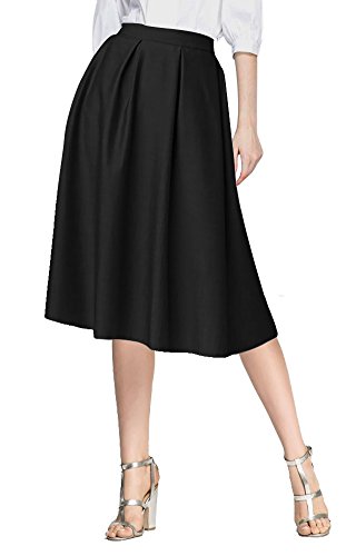 Urban GoCo Mujeres Vintage Falda Midi Plisada A-Line con Bolsillos Faldas Larga Negro M