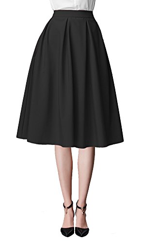 Urban GoCo Mujeres Vintage Falda Midi Plisada A-Line con Bolsillos Faldas Larga Negro M