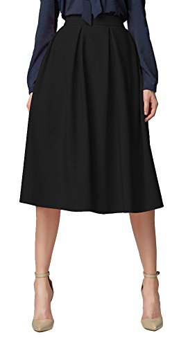 Urban GoCo Mujeres Vintage Falda Midi Plisada A-Line con Bolsillos Faldas Larga Negro M